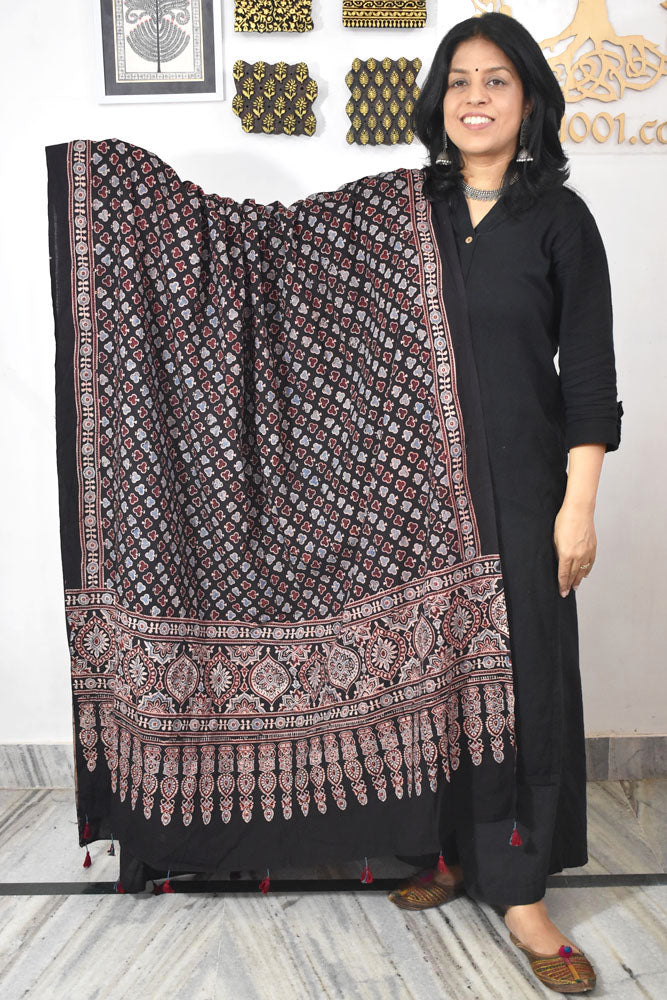 Ajrakh Hand Block Printed Cotton Dupatta with Tassels & natural dyes