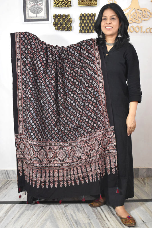 Ajrakh Hand Block Printed Cotton Dupatta with Tassels & natural dyes