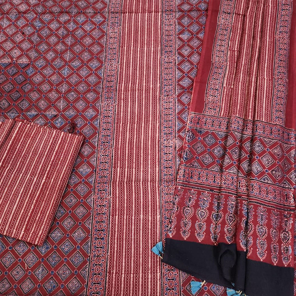 Hand Block Print Ajrakh Cotton Suit with designer Ajrakh neck yoke pattern