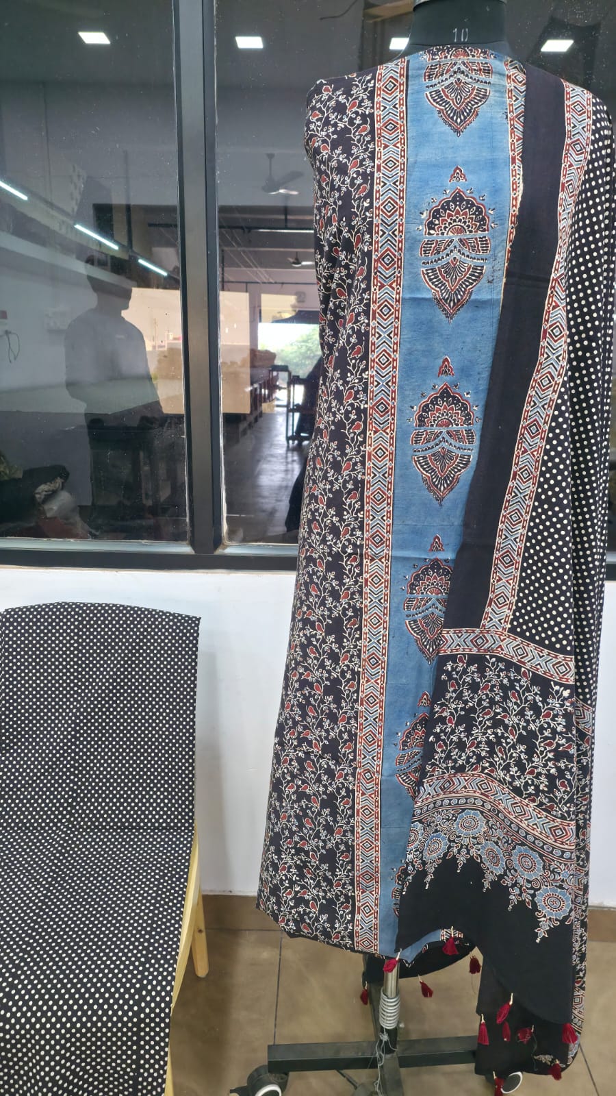 Designer Ajrakh Cotton Unstitched suit with panel design, Ajrakh Dupatta & Bottom- 3 piece set