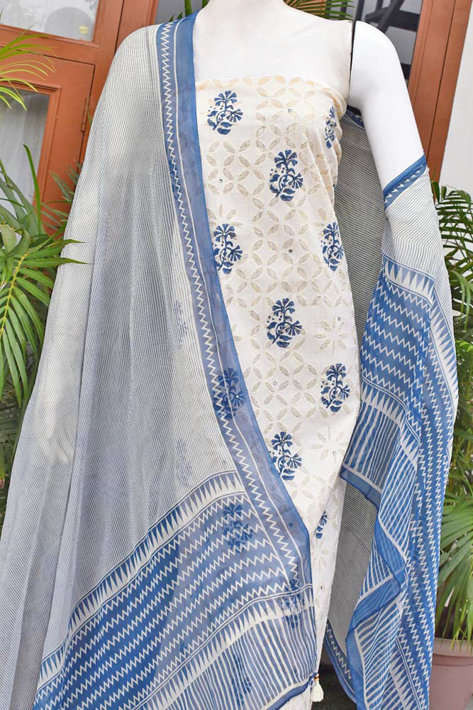 Hand Block Printed Cotton Suit with Hand Applique work & Striped dupatta & Bottom