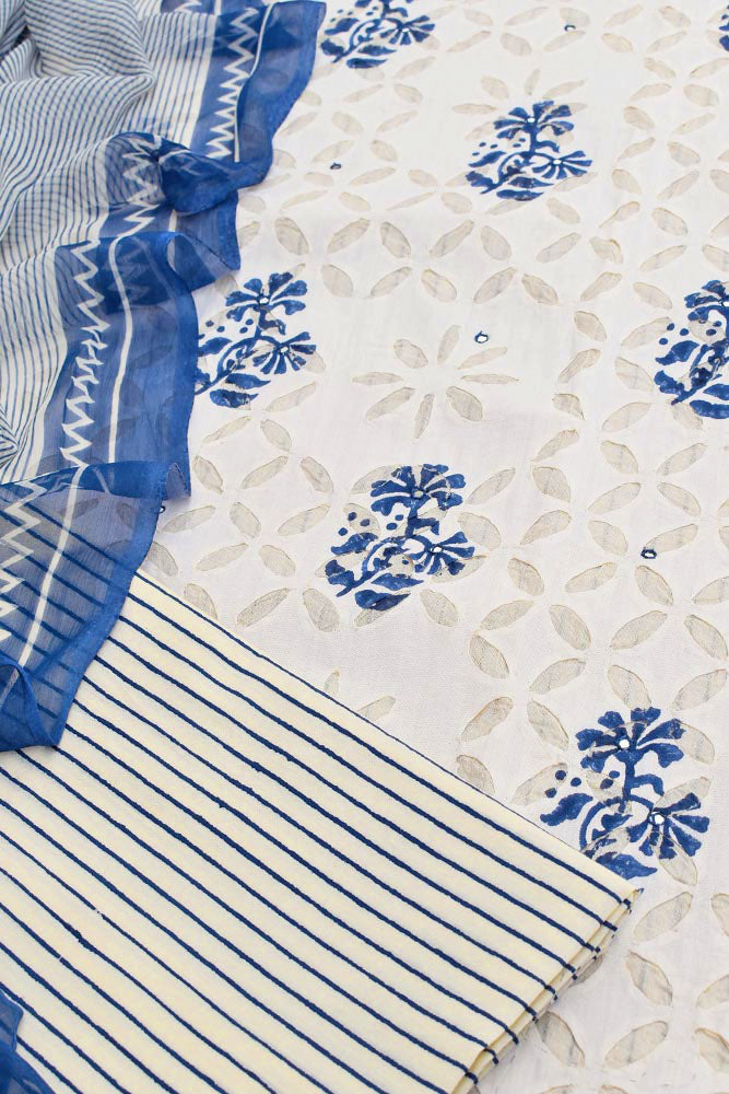 Hand Block Printed Cotton Suit with Hand Applique work & Striped dupatta & Bottom