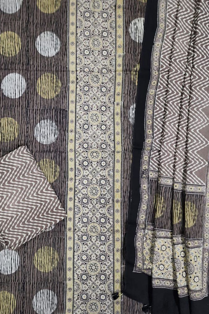 Hand Block Print Ajrakh Cotton Suit with designer Ajrakh neck yoke pattern