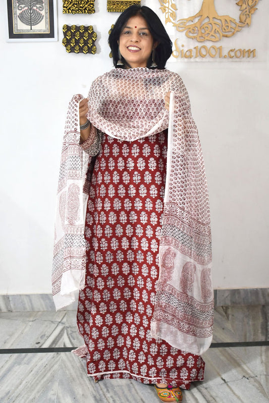 Classic Bagh Block Printed unstitched suit fabric with chiffon dupatta