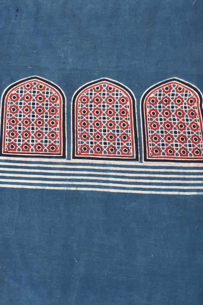 Hand Block Print Ajrakh Cotton Suit with designer Ajrakh neck yoke pattern