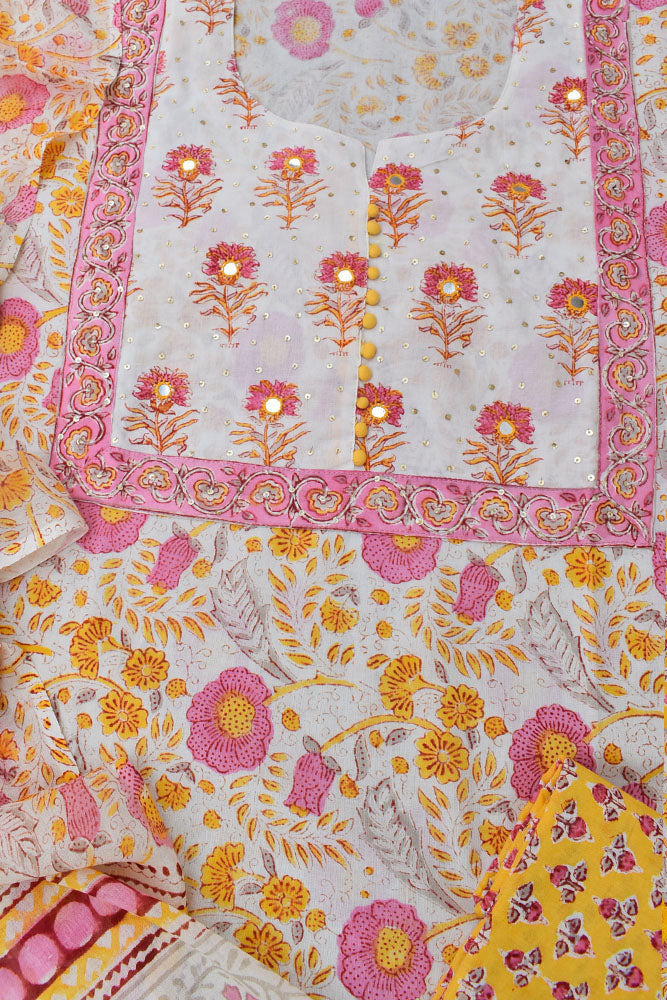 Beautiful Cotton Unstitched Suit Fabric with Embroidery, sequin & mirror work & Mul cotton dupatta