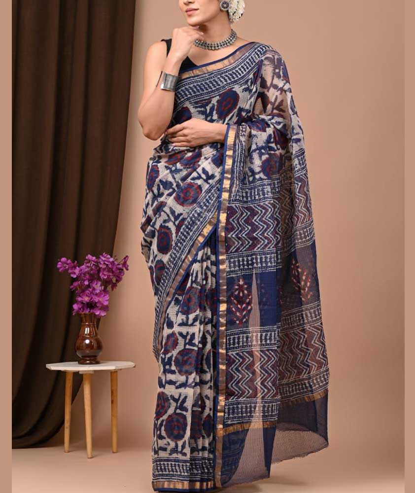 Beautiful Hand Block Printed Kota cotton Saree with zari border