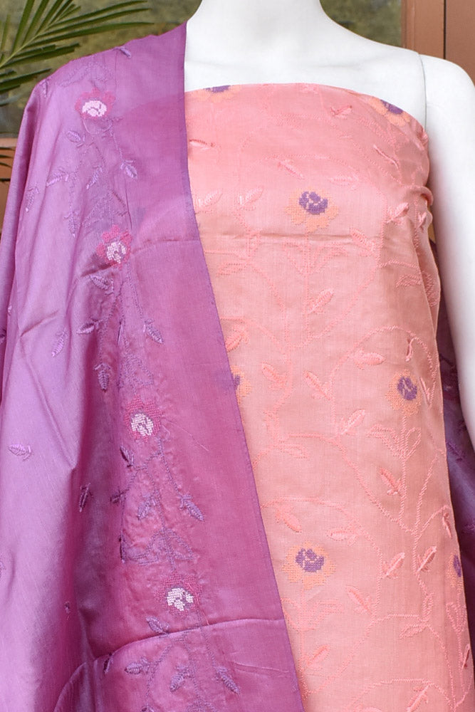 Elegant Tussar Silk Unstitched suit with Embroidered Kurta and Dupatta & blended silk bottom