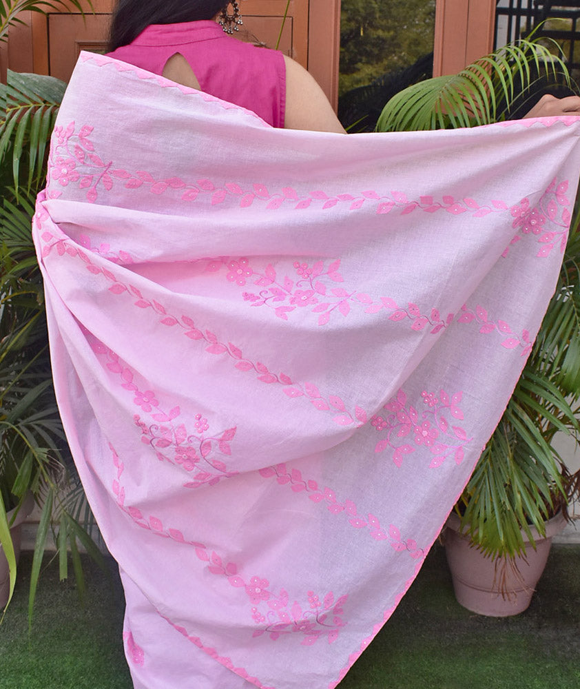 Elegant Soft Organdy saree with Hand Applique Phool Patti Work & Hand Muqaish Work