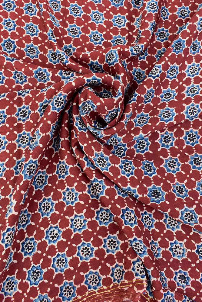 Beautiful Modal Silk Ajrakh Hand Block Print Fabric - 2.5 mtrs cut