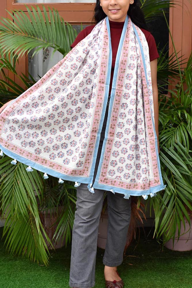 Elegant Hand block printed Cotton stole with cloth tassels