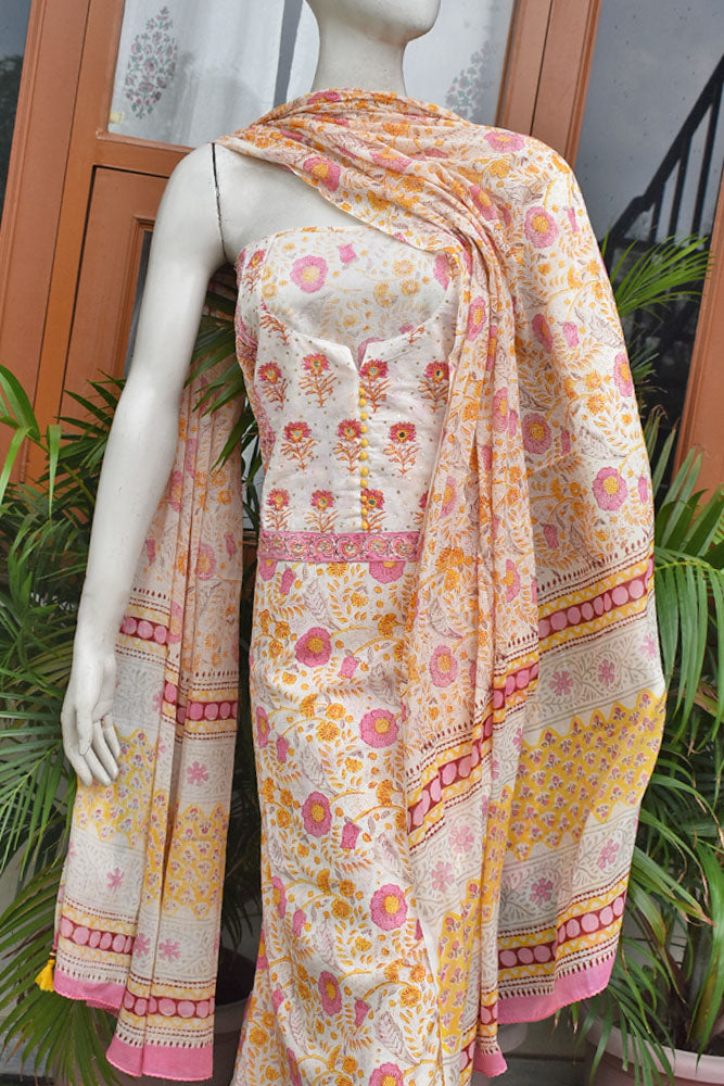 Beautiful Cotton Unstitched Suit Fabric with Embroidery, sequin & mirror work & Mul cotton dupatta