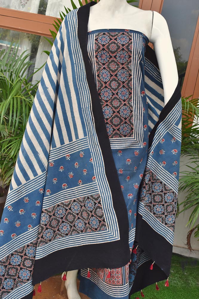 Hand Block Print Ajrakh Cotton Suit with designer Ajrakh neck yoke pattern