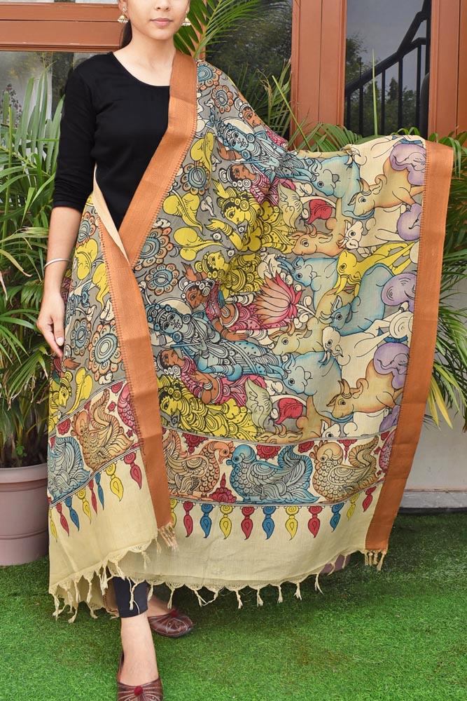 Beautiful Bangalore Cotton Silk Pen Kalamkari Dupatta