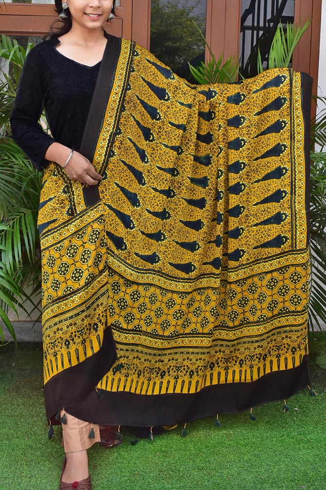 Elegant Modal Silk Ajrakh Block Print Dupatta with tassels