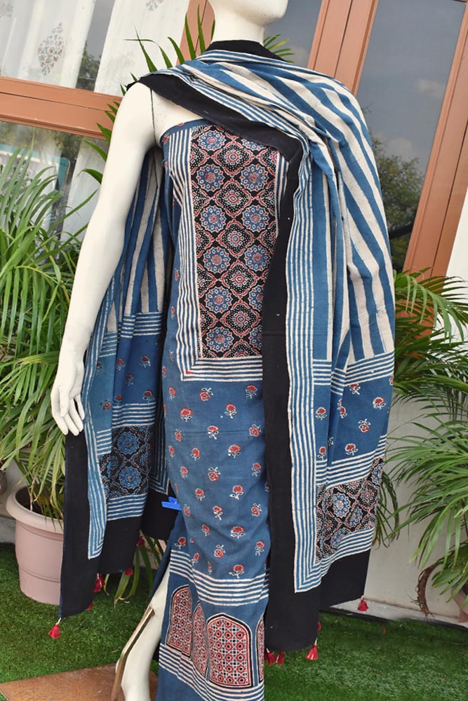 Hand Block Print Ajrakh Cotton Suit with designer Ajrakh neck yoke pattern