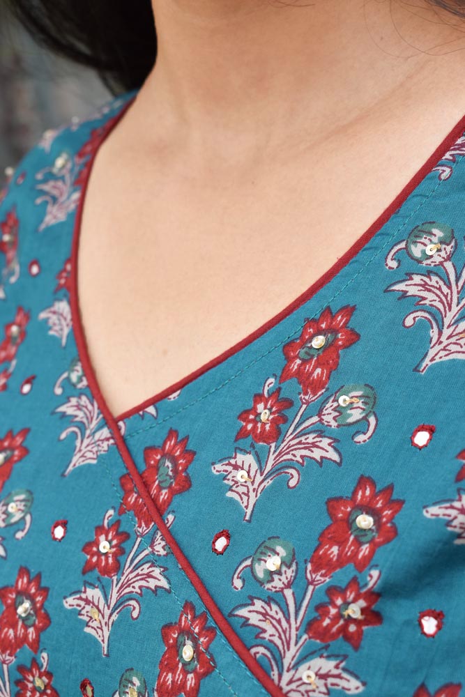 Beautiful Angrakha style Long Cotton Dress/ Kurti with side tie up strings Size - 40, 42,