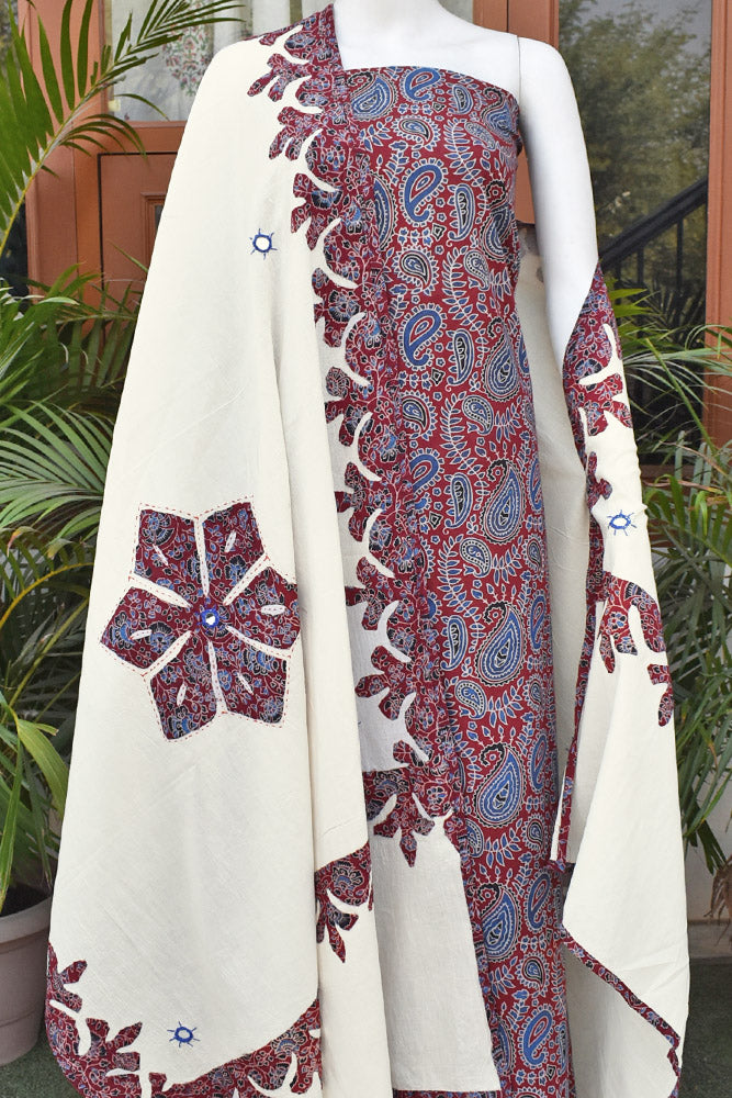 Beautiful Ajrakh kurta fabric with Hand Applique Patch work dupatta