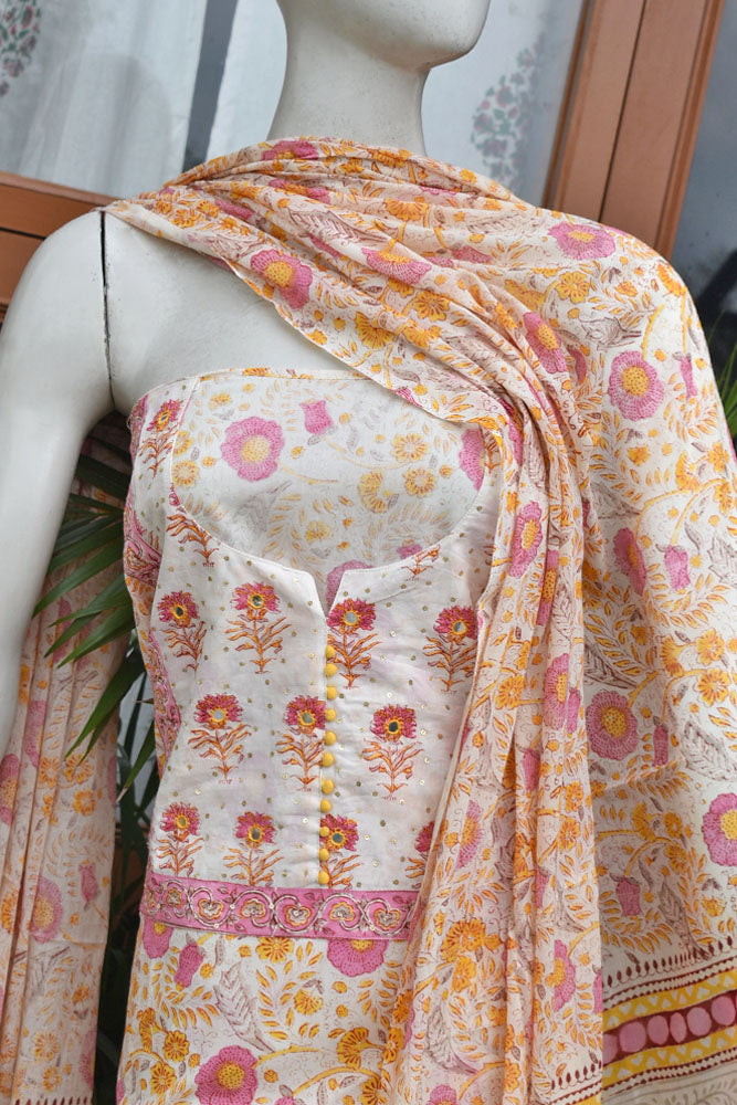 Beautiful Cotton Unstitched Suit Fabric with Embroidery, sequin & mirror work & Mul cotton dupatta