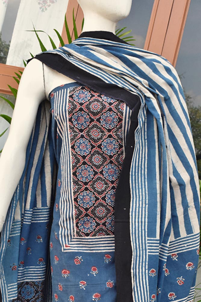 Hand Block Print Ajrakh Cotton Suit with designer Ajrakh neck yoke pattern