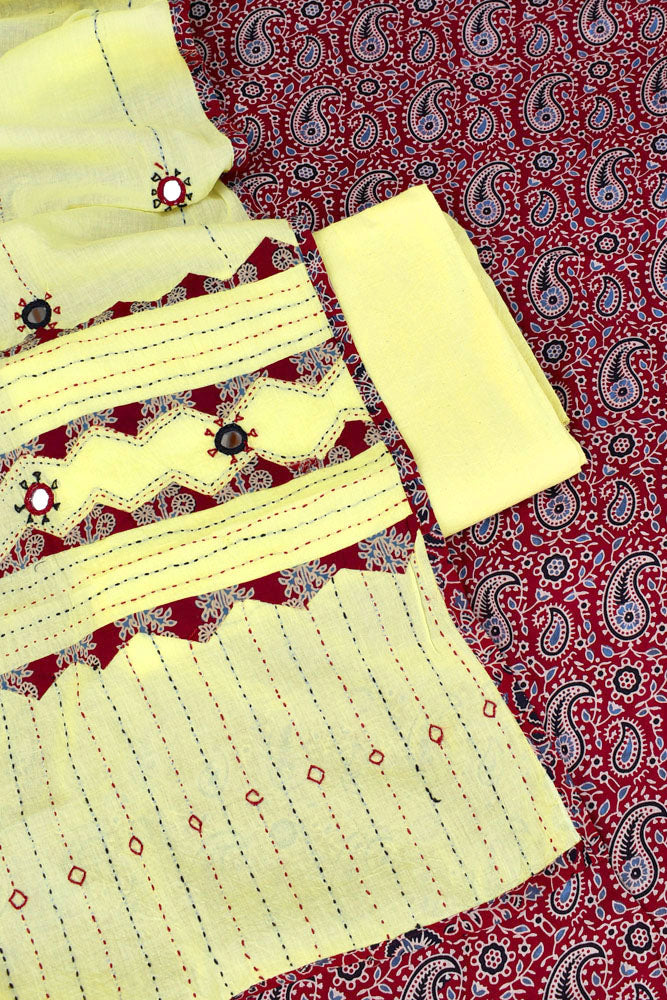 Beautiful Ajrakh Cotton Unstitched Suit with Real Mirror, Kantha & Applique Work dupatta