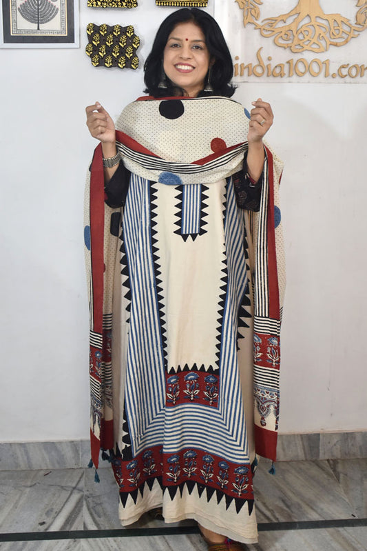 Block Print Ajrakh Cotton Suit with designer Ajrakh neck yoke /panel & Long Stole