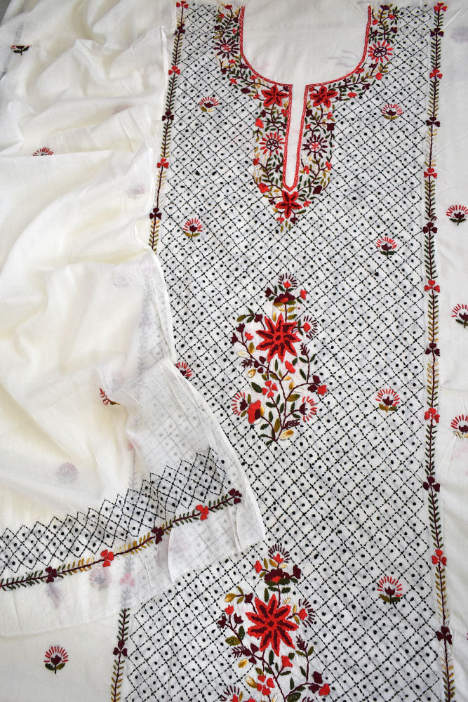 Elegant Intricate Handcrafted cotton unstitched suit fabric with embroidery