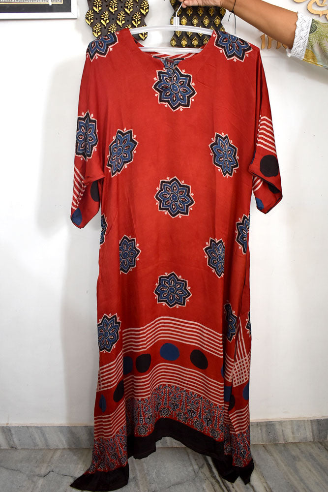 Beautiful Hand Block Printed Ajrakh Modal Silk Kaftan Kurta, Size 40 to 44