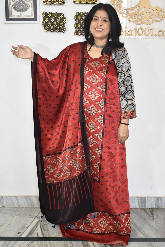 Designer Ajrakh Mashru Silk Unstitched suit with panel / yoke design- 3 piece set