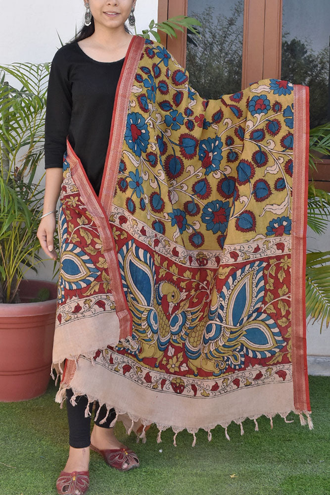 Bhavya : Beautiful Bangalore Cotton Silk Hand Painted Kalamkari Dupatta