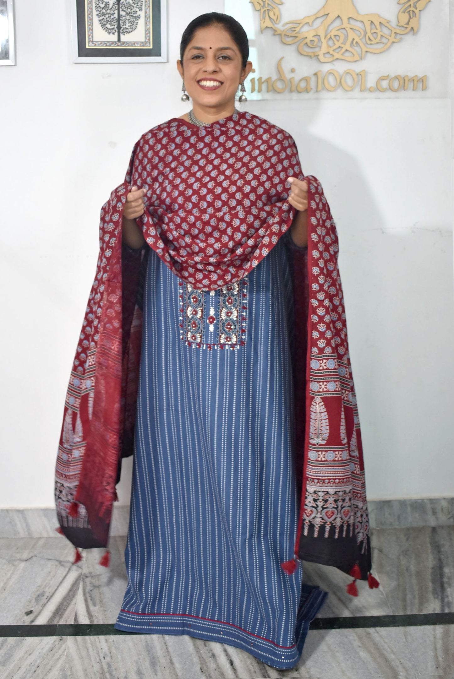 Beautiful Cotton Unstitched Suit with Ajrakh print Neck patch, Intricate Hand Embroidery & Ajrakh Block print Modal dupatta