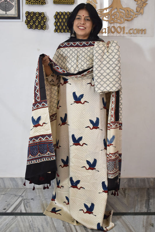 Designer Ajrakh Modal Silk Unstitched suit with  panel design, Ajrakh Dupatta & Bottom- 3 piece set