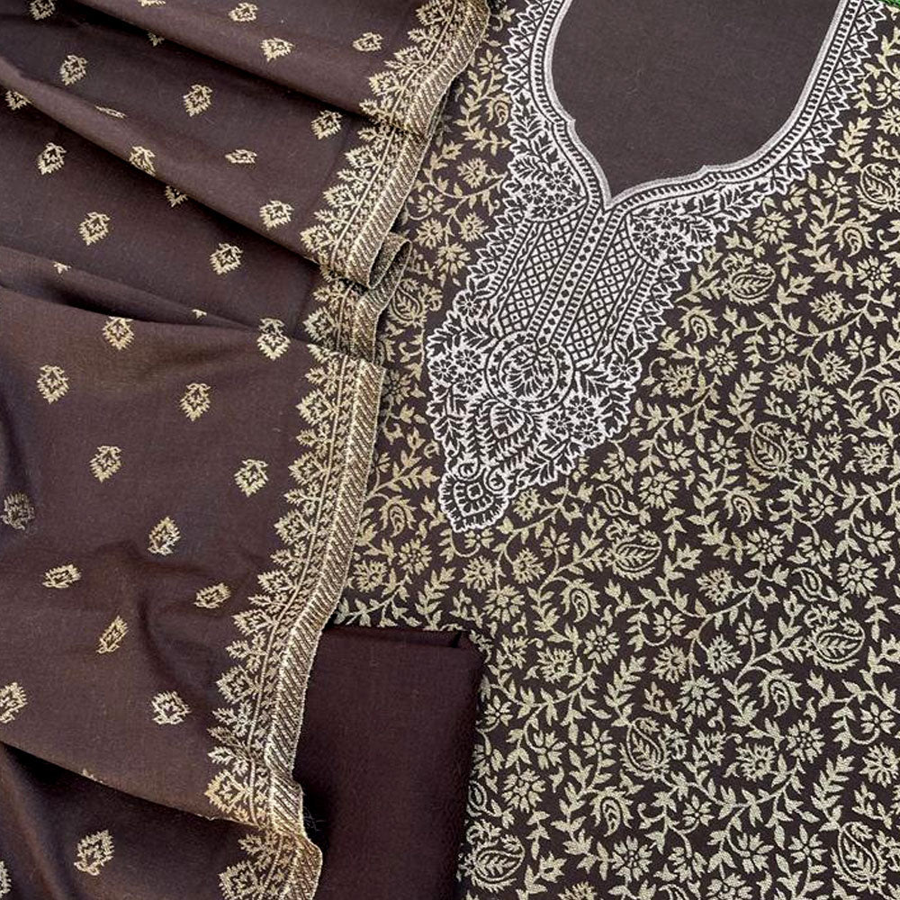Beautiful Woolen Suit fabric & Stole with All over Copper, Silver & Gold Zari weaving
