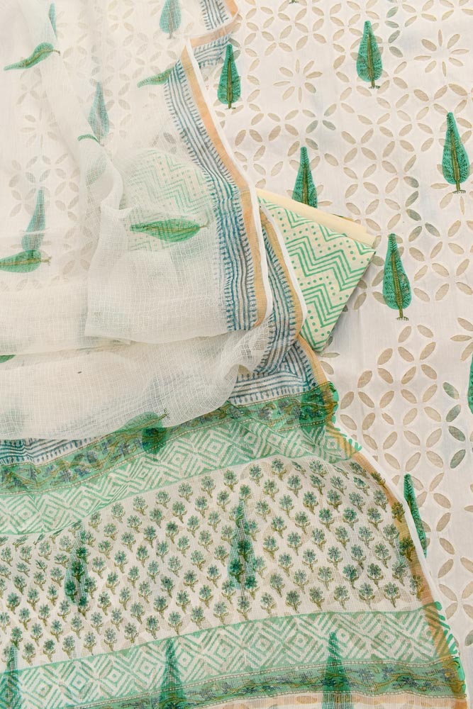 Hand Block Printed Cotton Suit with Hand applique work & Kota dupatta