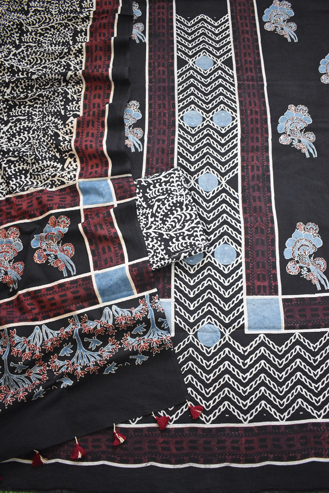 Block Print Ajrakh Cotton Suit with designer Ajrakh neck yoke /panel & Dupatta