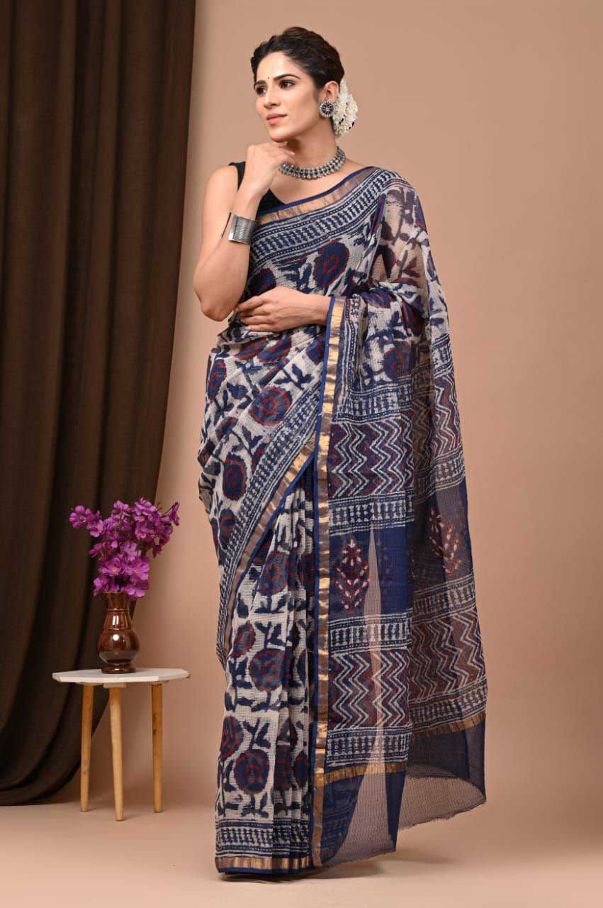 Beautiful Hand Block Printed Kota cotton Saree with zari border