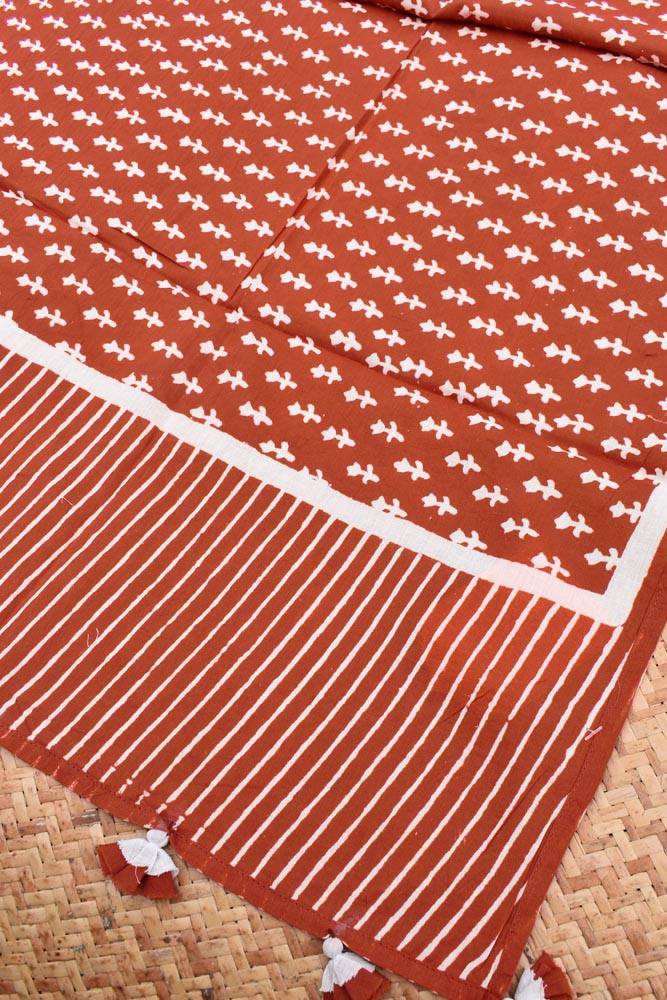 Elegant Hand block printed Cotton stole with cloth tassels