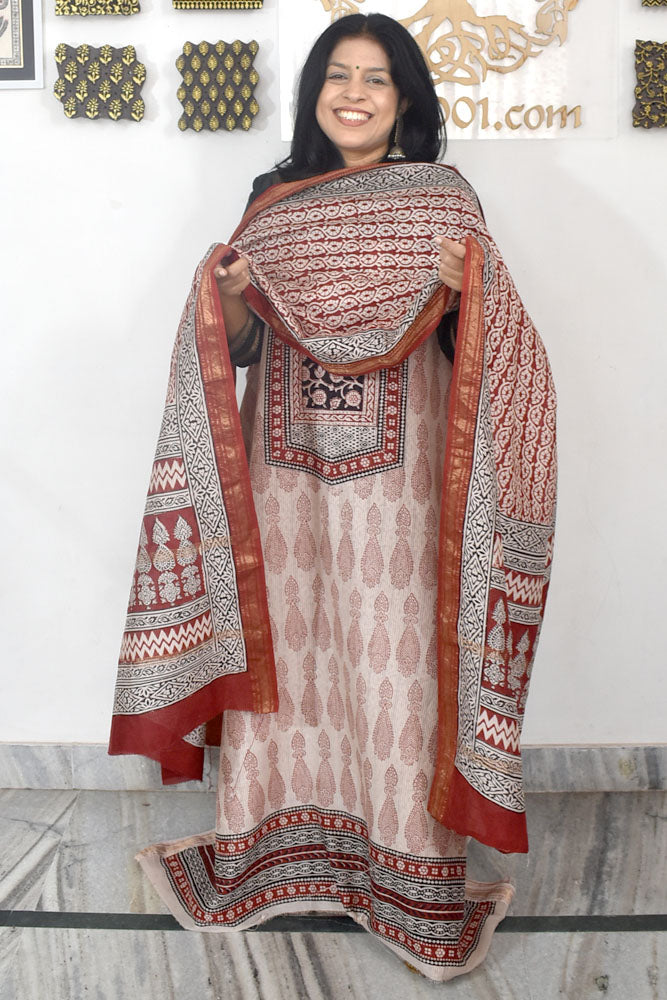 Bagh Hand Block Printed unstitched 3 pcs Handwoven Maheshwari suit fabric with Zari borders