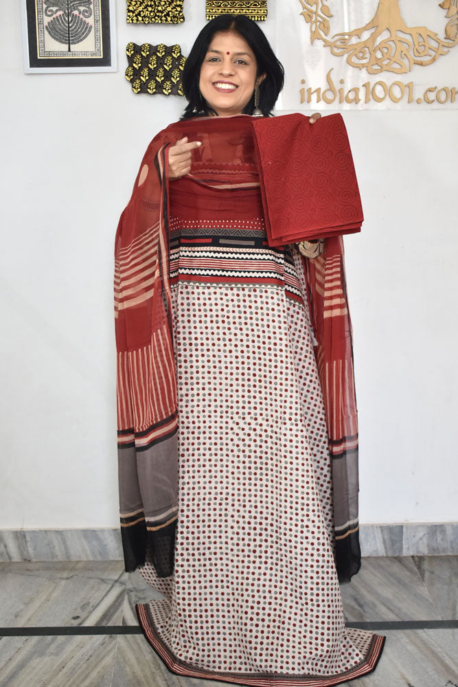 Designer Hand Block printed Cotton suit with chiffon dupatta