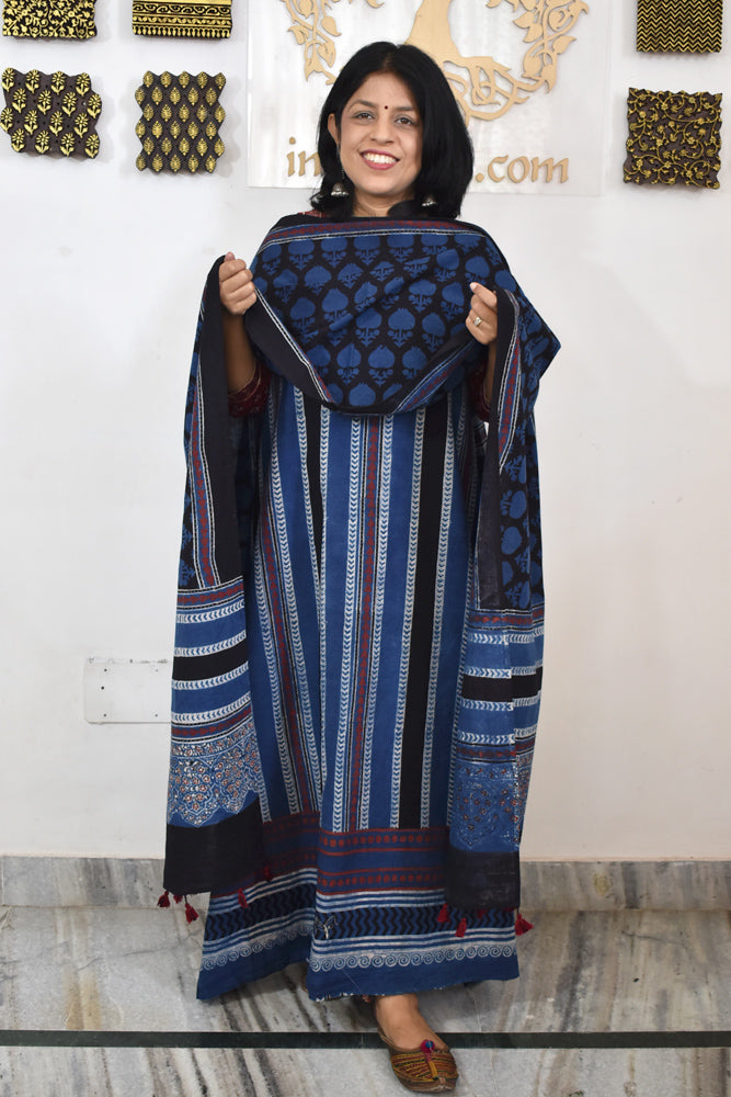 Block Print Ajrakh Cotton Suit with designer Ajrakh neck yoke /panel & Long Stole
