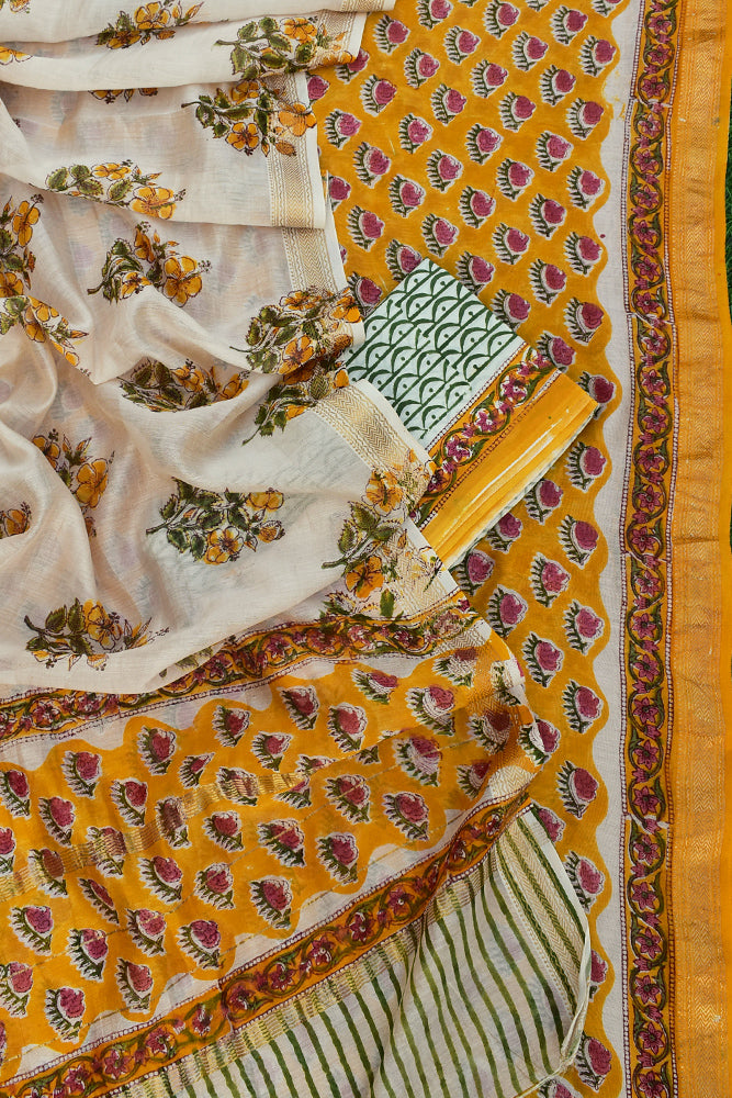 Elegant Sanganer Hand Block Printed Maheshwari Unstitched suit fabric