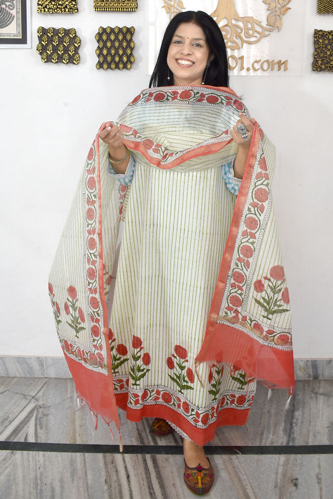 Designer Hand Block Print Cotton suit with Chanderi dupatta