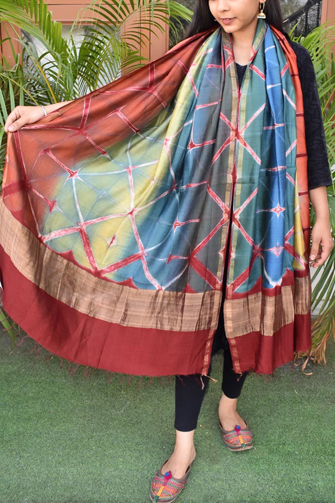 Clamp Dyed Chanderi Dupatta with Zari border and palla