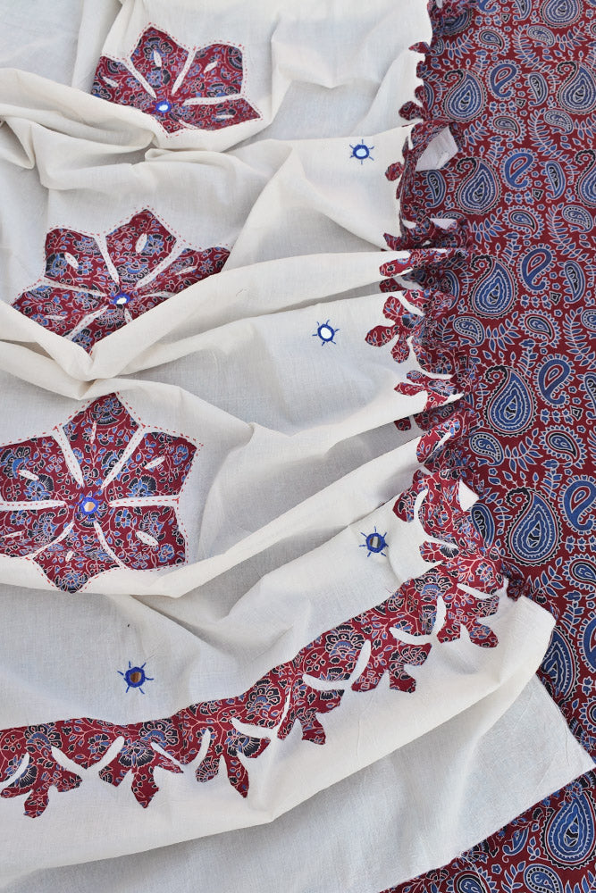 Beautiful Ajrakh kurta fabric with Hand Applique Patch work dupatta