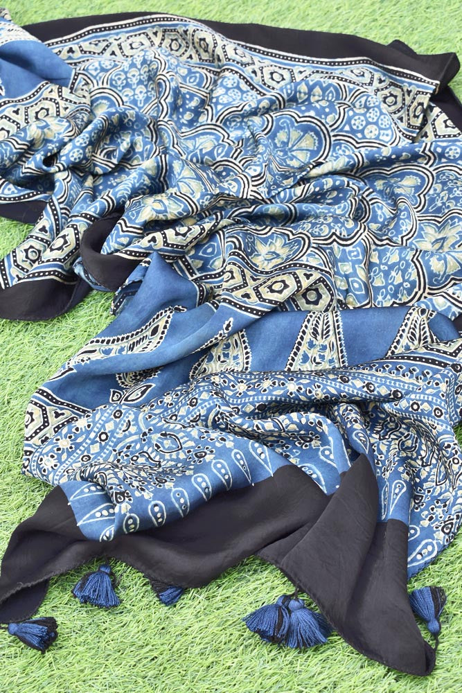 Beautiful Hand Block Printed Ajrakh Modal Silk stole with Tassels