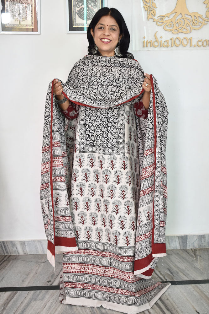 Bagh Hand Block Printed unstitched 3 pc Cotton suit fabric with Placement block print from MP