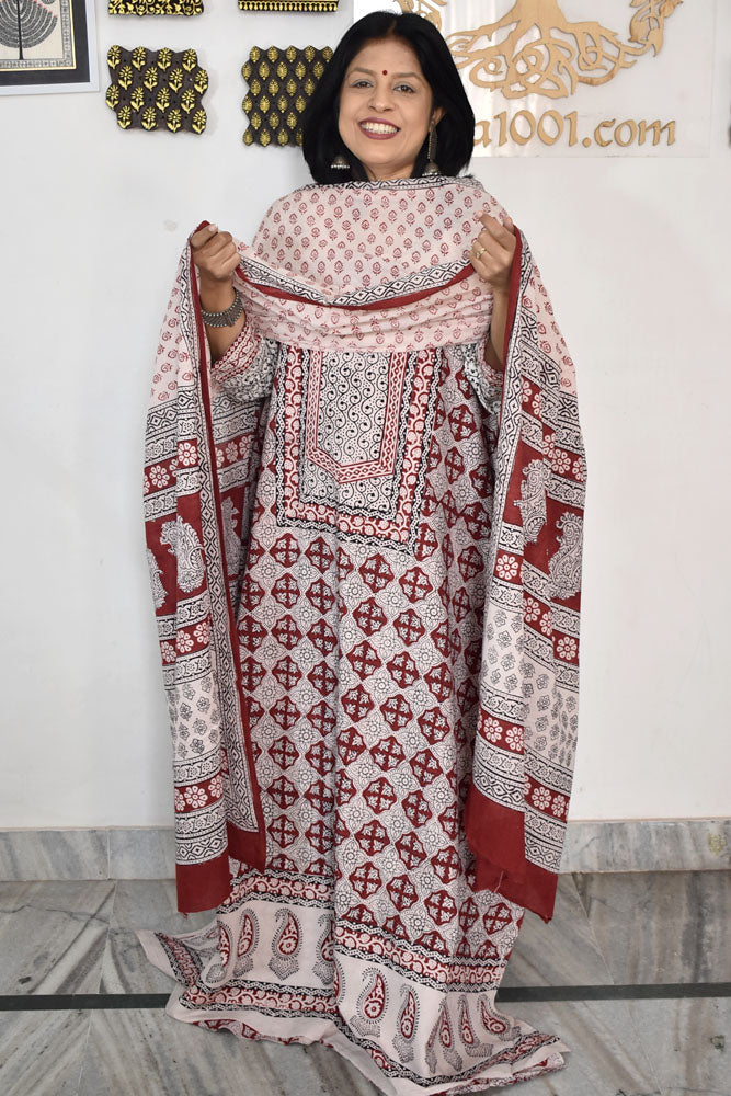 Bagh Hand Block Printed unstitched 3 pc Cotton suit fabric with Placement block print from MP