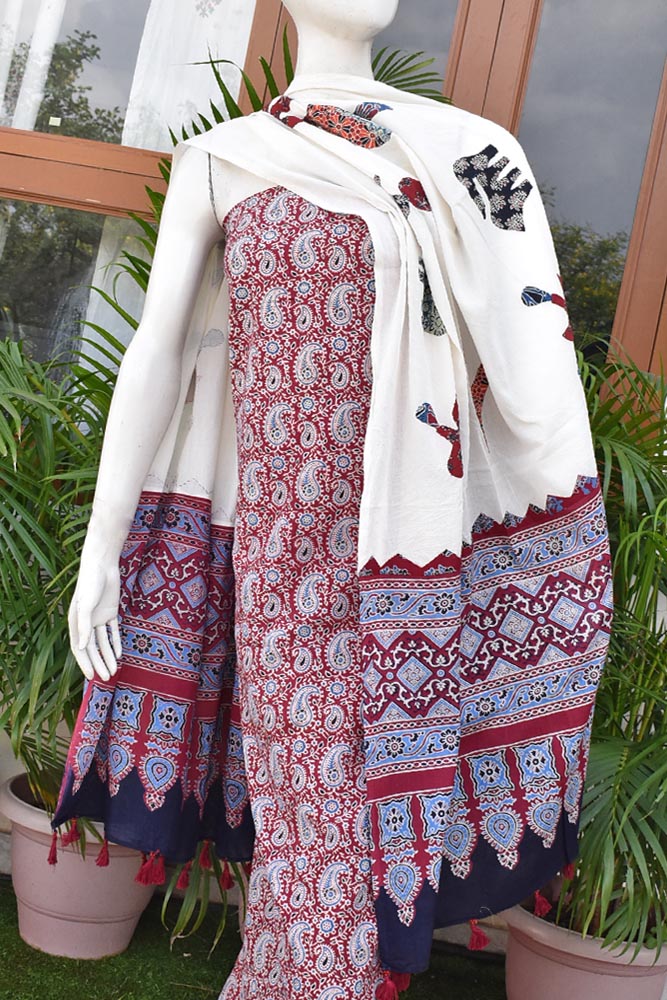 Beautiful Ajrakh kurta fabric with Hand Patch work dupatta