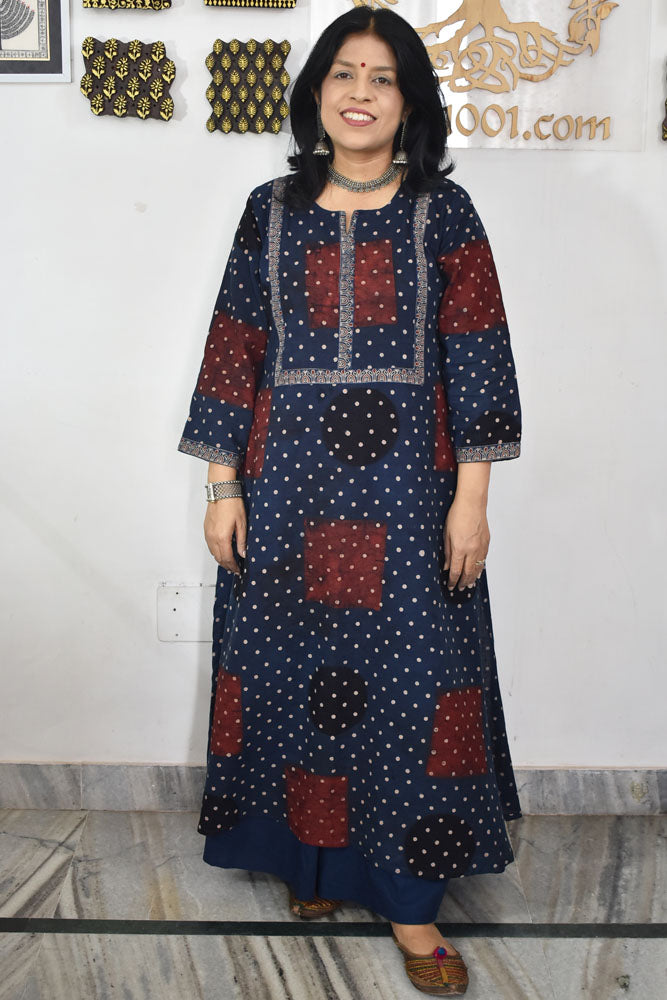 Designer Hand Block Printed Ajrakh cotton Kurta / Dress - Size 38 to 46 ( all sizes)