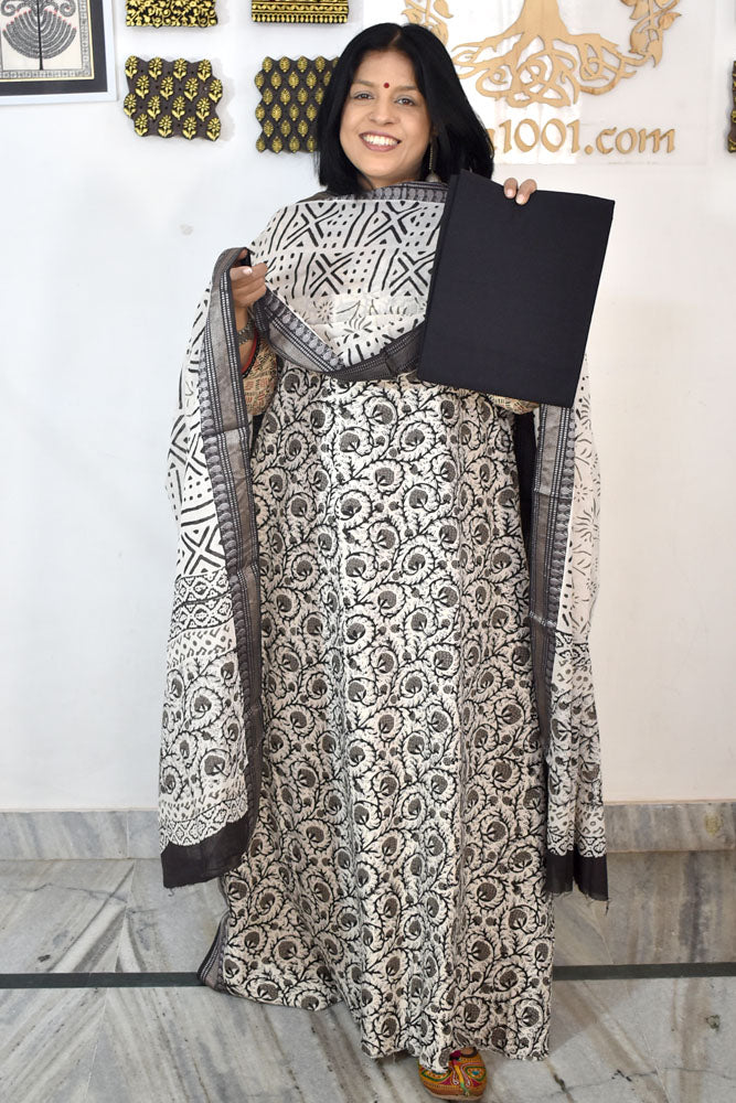 Beautiful Hand Block Printed Cotton unstitched suit fabric with Woven Borders Cotton dupatta